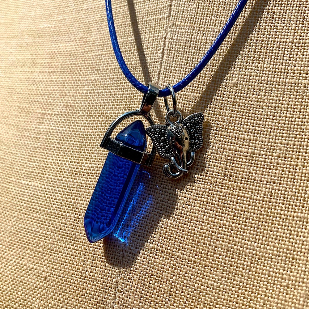 Handmade Cobalt Blue Resin Crystal Amulet Necklace & Elephant Charm